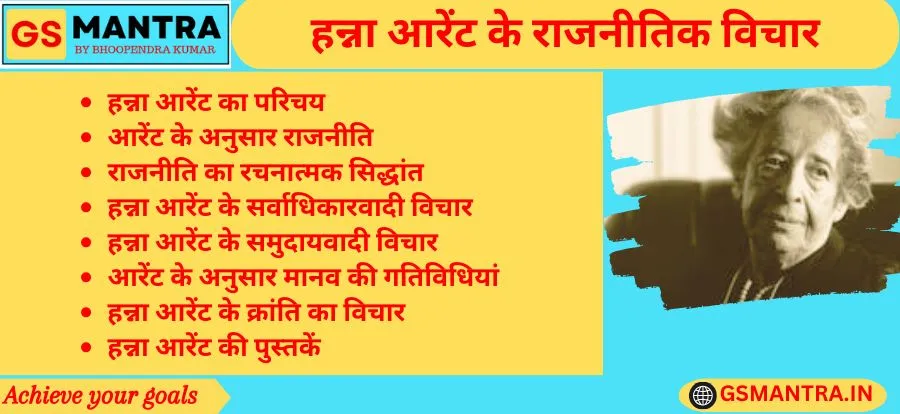 हन्ना आरेंट के राजनीतिक विचार के PYQ आधारित नोट्स बनाये गए हैं। जिसमें हन्ना आरेंट का परिचय एवं प्रभाव, आरेंट के अनुसार राजनीति एवं राजनीति का रचनात्मक सिद्धांत, हन्ना आरेंट के सर्वाधिकारवादी विचार, आरेंट के अनुसार मानव की गतिविधियां, हन्ना आरेंट के क्रांति का विचार तथा हन्ना आरेण्ट की पुस्तकों का विवरण है।