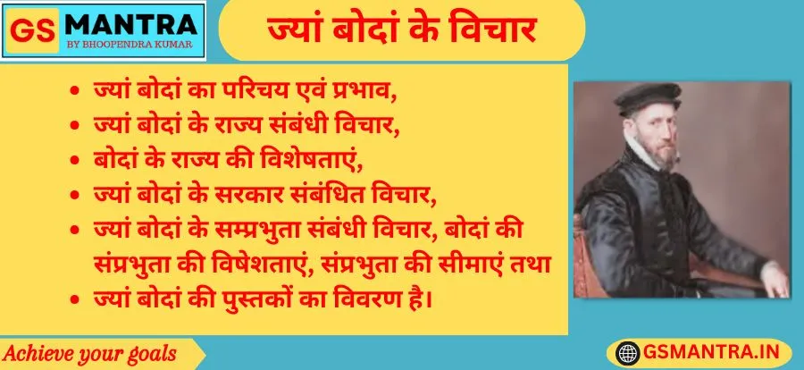 ज्यां बोदां के राजनीतिक विचार के PYQ आधारित नोट्स बनाये गए हैं। जिसमें ज्यां बोदां का परिचय एवं प्रभाव, ज्यां बोदां के राज्य संबंधी विचार, बोदां के राज्य की विशेषताएं, ज्यां बोदां के सरकार संबंधित विचार, ज्यां बोदां के सम्प्रभुता संबंधी विचार, बोदां की संप्रभुता की विषेशताएं, संप्रभुता की सीमाएं तथा ज्यां बोदां की पुस्तकों का विवरण है।