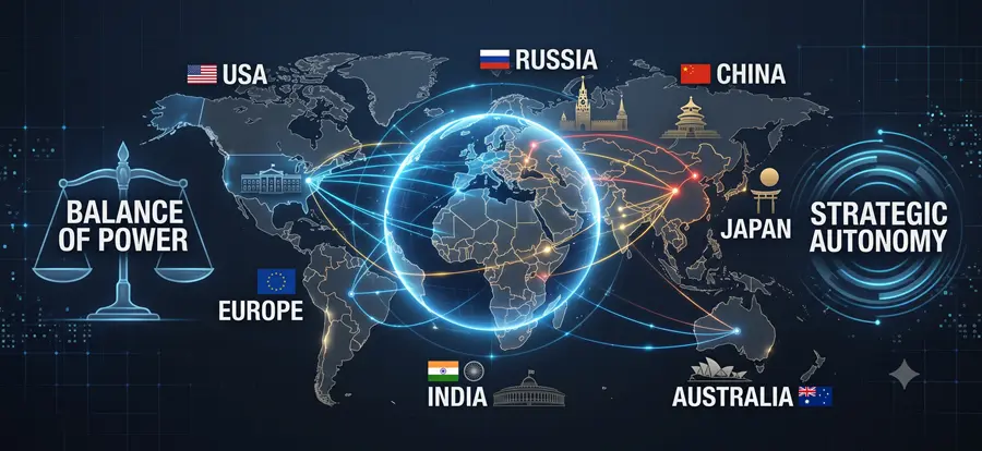 Balance of Power in International Relations showing global power balance and strategic partnerships