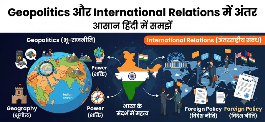 Geopolitics और International Relations में अंतर को दर्शाता इन्फोग्राफिक, जिसमें Geography, Power, Foreign Policy और भारत का संदर्भ शामिल है।