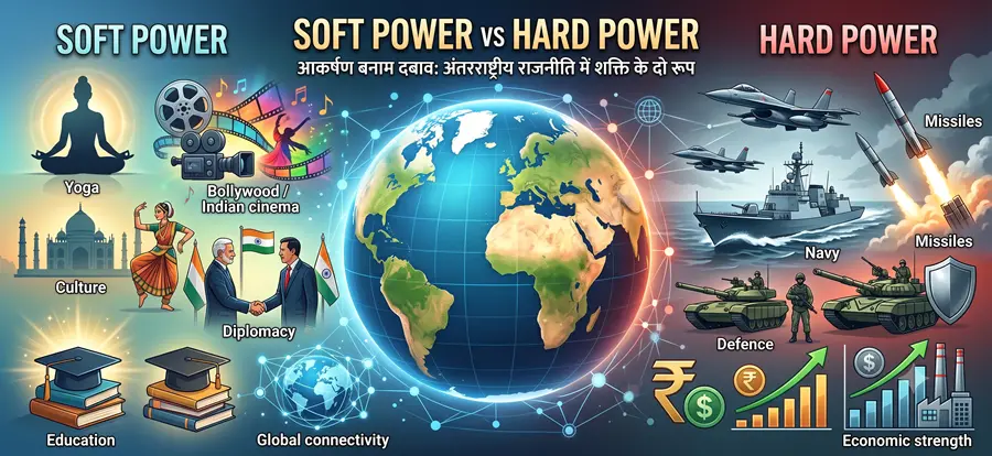 Soft Power और Hard Power में अंतर दर्शाता geopolitical illustration