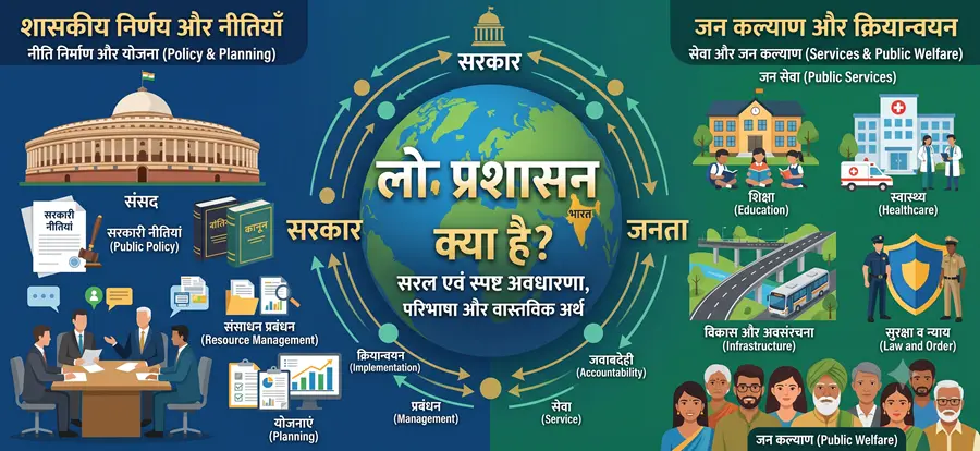 Administration (लोक प्रशासन क्या है?) in Hindi. The central globe shows a map of India with interconnected arrows linking the Government (सरकार) and the Citizens (जनता), with keywords like implementation (क्रियान्वयन), management (प्रबंधन), service (सेवा), and accountability (जवाबदेही). On the left, 'Policy & Planning' (नीति निर्माण और योजना) is represented by the Indian Parliament (संसद), public policy files, and officials in a meeting. On the right, 'Services & Public Welfare' (सेवा और जन कल्याण) is shown with icons for education, healthcare, infrastructure (road & bus), and law and order, with diverse Indian citizens at the bottom. Blue and green thematic background."
